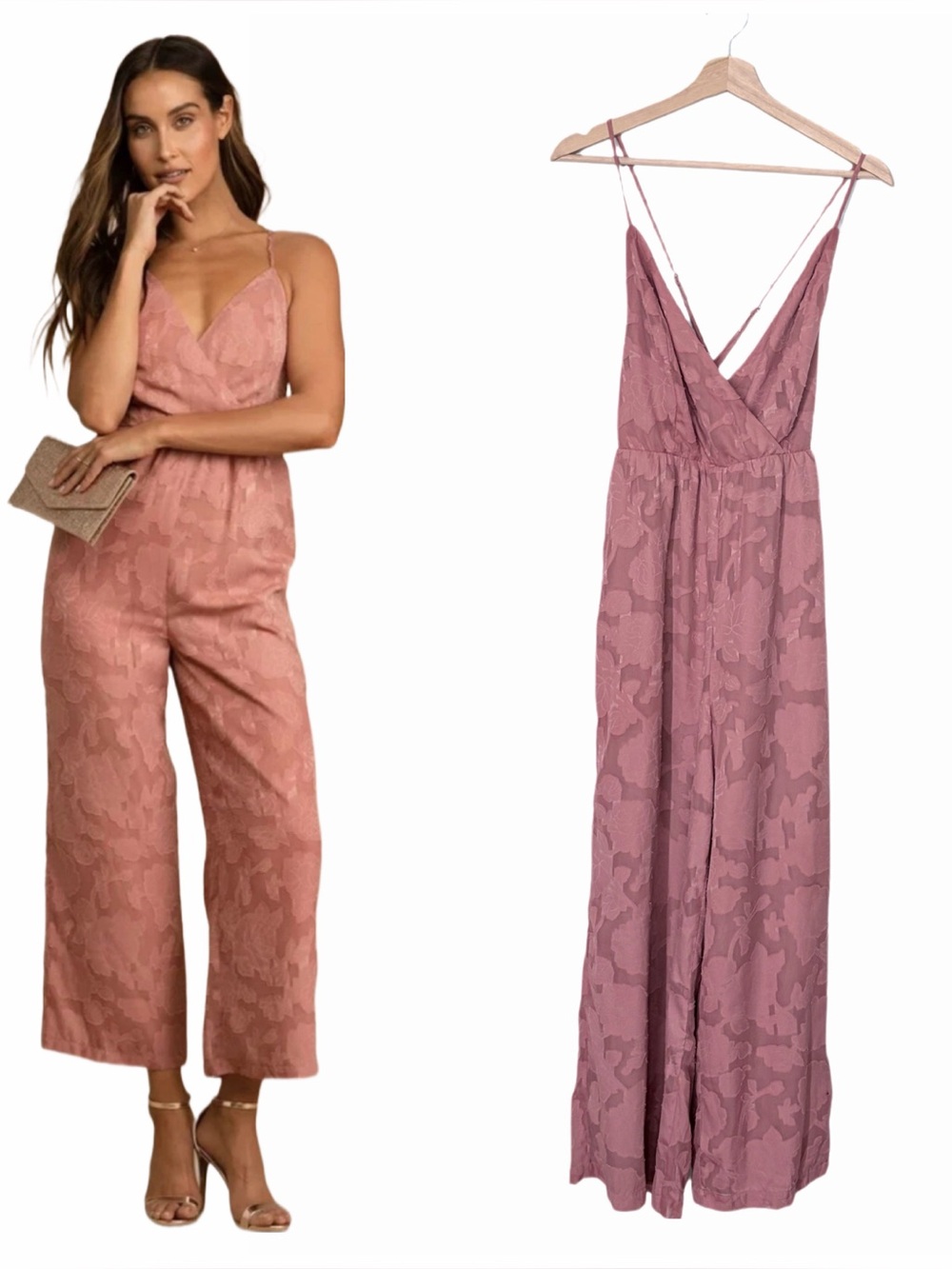 Lulus Days of Beauty Rusty Rose Burnout Floral Surplice Jumpsuit Large Wide Leg